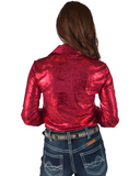 Person wearing a shiny red shirt on a white background