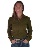 Woman wearing an olive green shirt with a white background