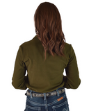 Person wearing an olive green shirt and blue jeans with a belt on a white background