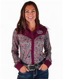 Woman wearing a patterned shirt with maroon accents on a white background