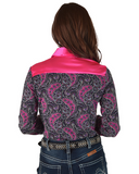 Person wearing a patterned shirt with pink collar on a white background