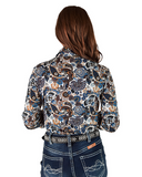 Woman wearing a patterned blouse and denim jeans on a white background