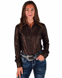 Woman wearing a shiny brown long-sleeve shirt and blue jeans with a belt on a white background