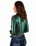 Woman wearing a green shimmer shirt on a white background