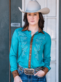 Cowgirl Tuff  Victory Dust – Turquoise Stretch Suede Button Up with Embroidery