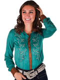 Cowgirl Tuff  Victory Dust – Turquoise Stretch Suede Button Up with Embroidery