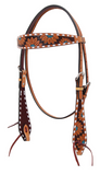 The Turquoise Sunflower Tooled Browband Headstall in a white backdgrund.