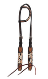 The Peppered Hair On Hide Single ear Headstall in a white background.
