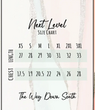 Next Level graphic tee size chart.