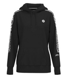 Black hoodie with white patterns on sleeves and logo on chest against a white background