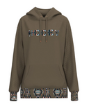 Brown hoodie with 'HOOEY' text and patterned cuffs and hem on a white background