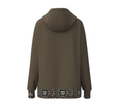 Brown hooded jacket with Aztec pattern on hem against a white background