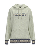 Gray hoodie with 'HOOEY' text and Aztec patterned cuffs on a white background