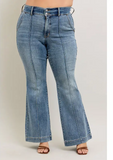 Steph High Waisted Trouser Flares being modeled on a women in front of white background.