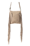Beige crossbody bag with fringes on a white background