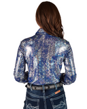 Back view of a person wearing a blue iridescent shirt and jeans on a white background