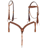 The Turquoise Sunflower Tooled Breast Collar and Headstall set in a white background.