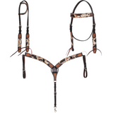The Peppered Hair On Hide Breast Collar and Headstalls in a white background.