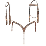 Stock photo of the Turquoise Rawhide Breast Collar, One Ear Headstall, and the Browband Headstall.
