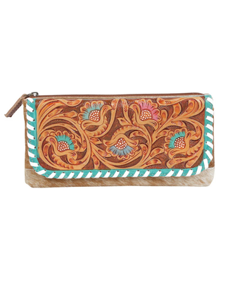 A western-style zippered clutch wallet featuring hand-tooled brown leather with floral patterns in orange, pink, and turquoise, finished with a turquoise and white braided leather trim and a cowhide-textured base.