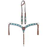 The Turquoise Wash Bull Coin Breast Collar and Headstall in a white background,