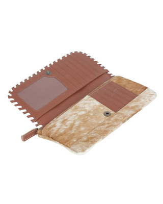 An open bi-fold wallet featuring a brown faux-leather interior with card slots and a clear ID window, paired with a brown and beige cowhide-textured exterior flap.
