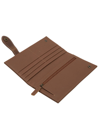 A brown leather wallet shown open, displaying multiple card slots, a zippered compartment, and a leather strap closure on a plain white background.