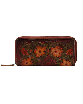 A dark reddish-brown leather zip-around wallet with hand-painted floral motifs in orange, red, and green, shown against a plain white background.