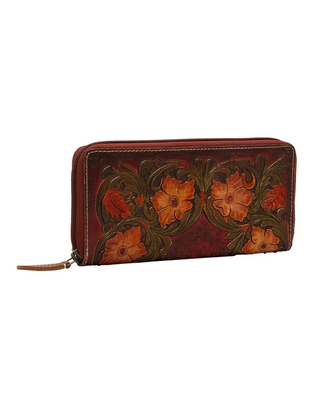A reddish-brown leather zip-around wallet featuring hand-painted orange flowers and green leaves on the front, shown against a plain white background.