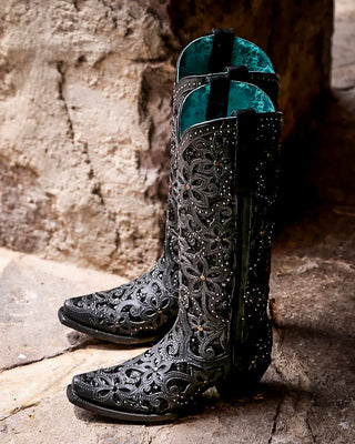 Midnight Orchid Tall Crystal Snip Toe Boots in Black by Corral Boots
