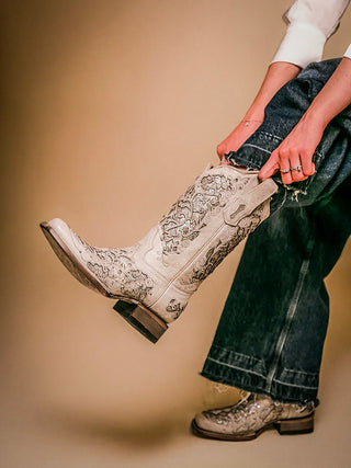 Ivory Reverie Crystal Square Toe Boots in White by Corral Boots