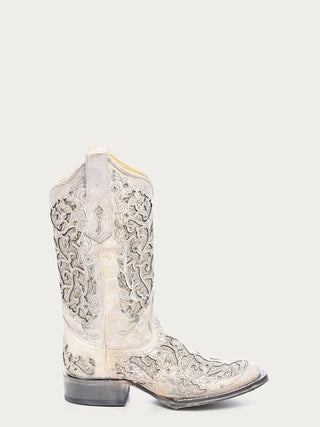Ivory Reverie Crystal Square Toe Boots in White by Corral Boots