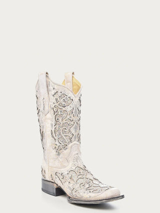 Ivory Reverie Crystal Square Toe Boots in White by Corral Boots