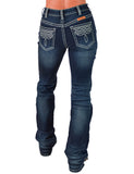 Cowgirl Tuff - White Boot Stitch Flannel-Lined Jeans – Natural Waist Bootcut