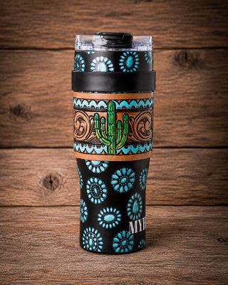 Wide Wyoming Concho Crest Tooled Leather Tumbler by Myra Bag
