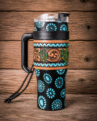 Wide Wyoming Concho Crest Tooled Leather Tumbler by Myra Bag