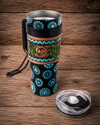 Wide Wyoming Concho Crest Tooled Leather Tumbler by Myra Bag