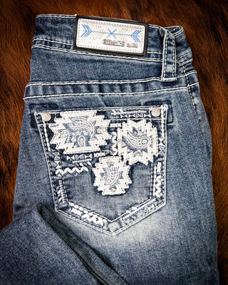 Ivory Patchwork Bootcut Jeans in Medium Dark Wash by Grace in LA