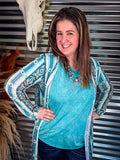 Adelina Teal Aztec Serape Long Sleeve Mesh Duster - Apparel - Lucky & Blessed - Bronco Western Supply Co.