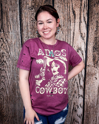 Adios Cowboy Distressed Graphic Tee - Vintage Berry – Apparel from Bronco Western Supply Co.