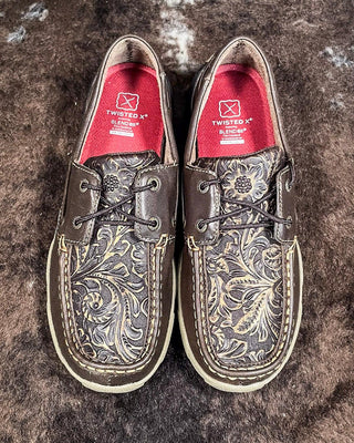 Adrienne Twisted X Boat Shoe Driving Moc - Brown & Embossed Flower – Women's Shoes from Bronco Western Supply Co.