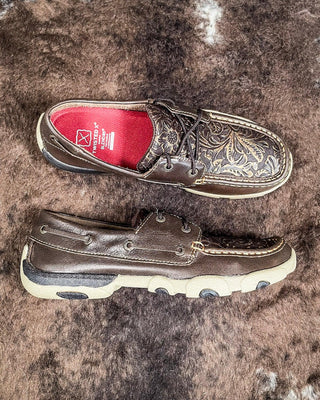 Adrienne Twisted X Boat Shoe Driving Moc - Brown & Embossed Flower – Women's Shoes from Bronco Western Supply Co.