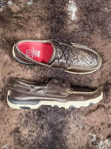 Adrienne Twisted X Boat Shoe Driving Moc - Brown & Embossed Flower - Women's Shoes - Twisted X - Bronco Western Supply Co.