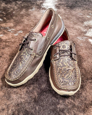 Adrienne Twisted X Boat Shoe Driving Moc - Brown & Embossed Flower – Women's Shoes from Bronco Western Supply Co.