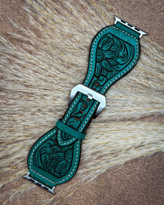 Aqua Sunflower Tooled Leather Smart Watch Band by American Darling – Accessories from Bronco Western Supply Co.