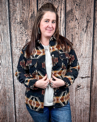 Arroyo Aztec Button Down Shacket – Black, Rust & Cream – Apparel from Bronco Western Supply Co.