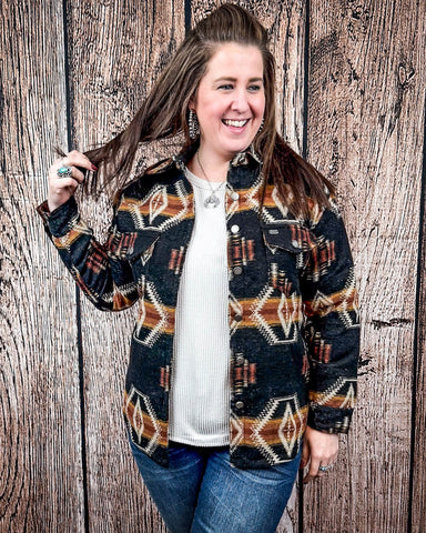 Arroyo Aztec Button Down Shacket – Black, Rust & Cream - Apparel - Lucky & Blessed - Bronco Western Supply Co.