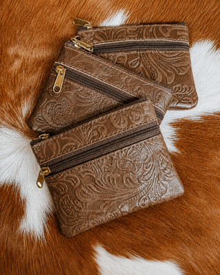 Sadie Embossed Leather Zipper Coin Pouch in Brown by Countryside Co.