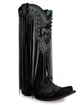 Side view of the Blackridge Stampede Corral Boots with a wood backdrop.