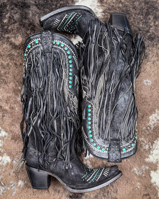 The Blackridge Stampede Corral Boots displayed on cowhide.